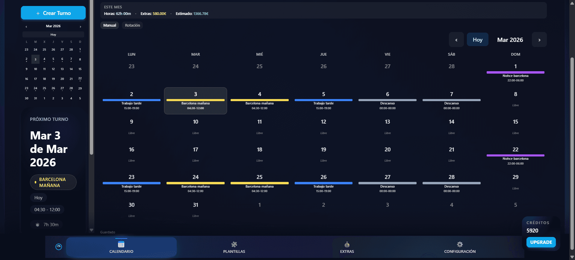 Calendario mensual con turnos y colores por plantilla