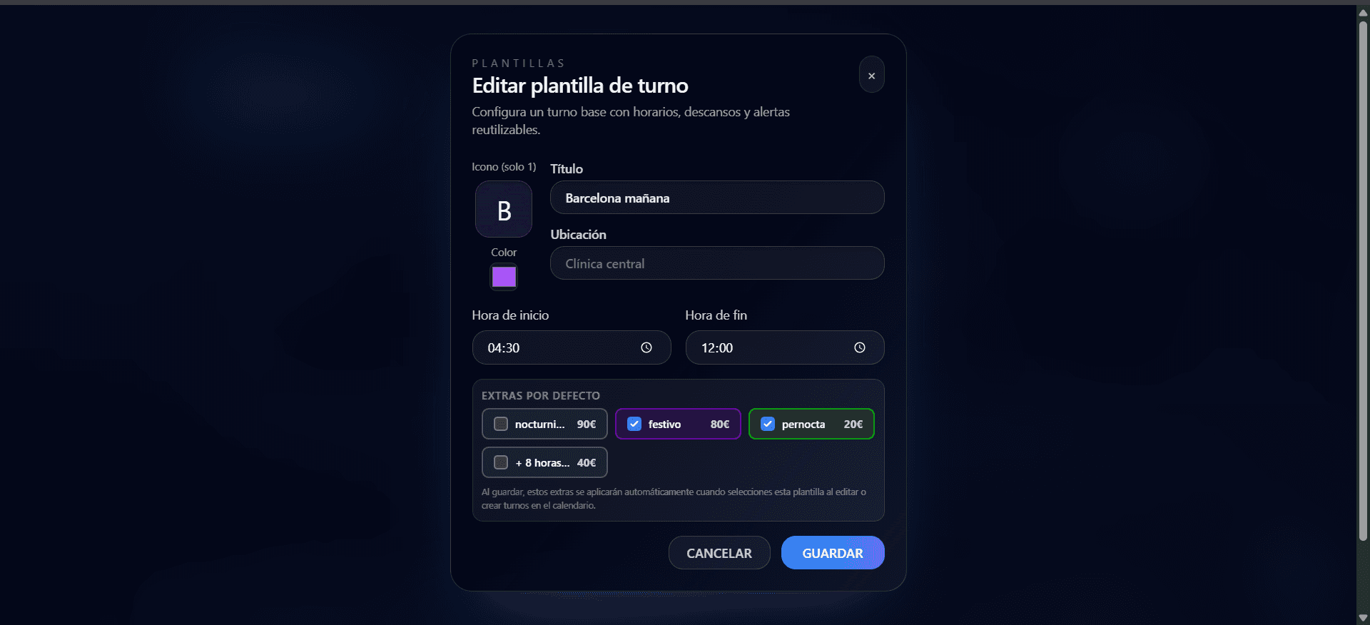 Pantalla de edición de un turno