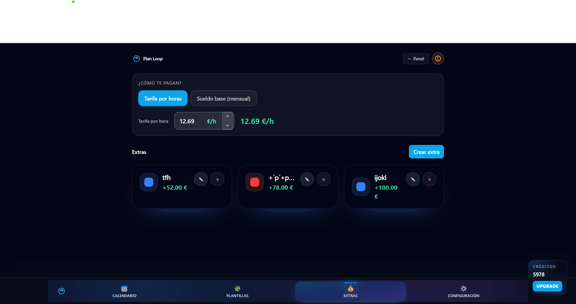 Pantalla de gestión de extras y pluses
