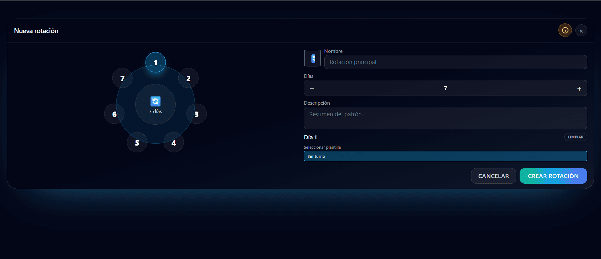 Formulario para crear una nueva rotación de turnos