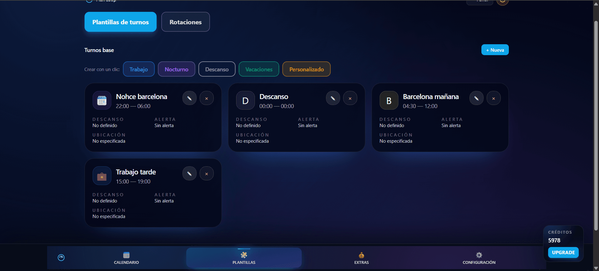 Listado de plantillas de turno en Planloop